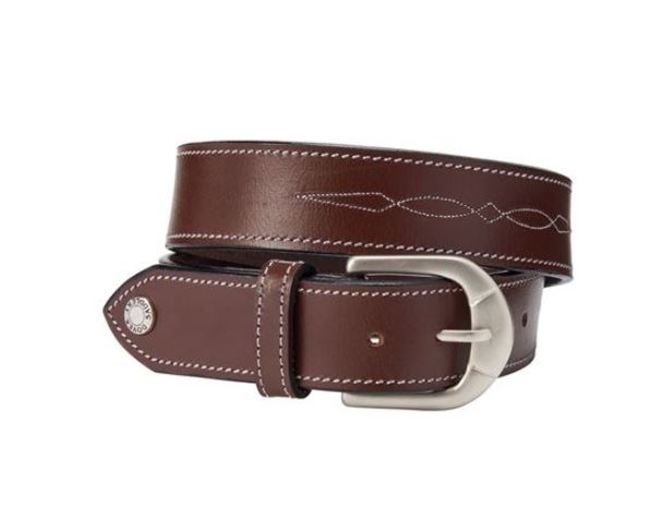 Brown leather riding belt rolled up. 