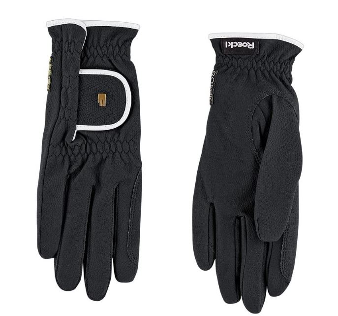 Black riding gloves with white trim.