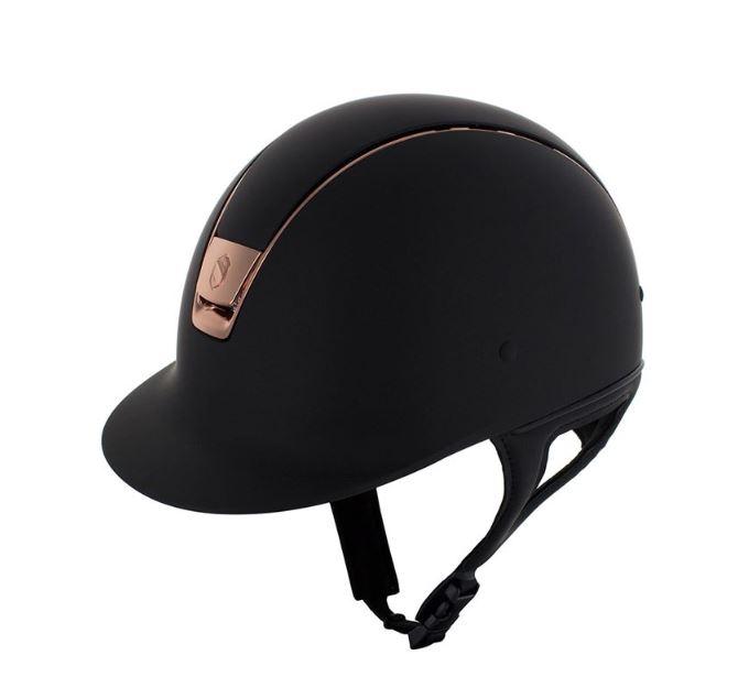 A black Samshield riding helmet with rose gold details.