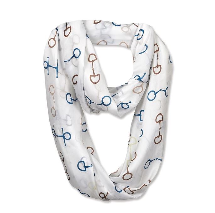 White infinity loop scarf with blue and brown bits on it.