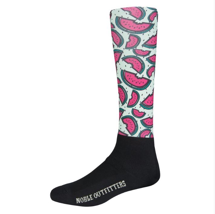 Over-the-calf riding sock with black foot area and watermelon pattern from ankle to top.