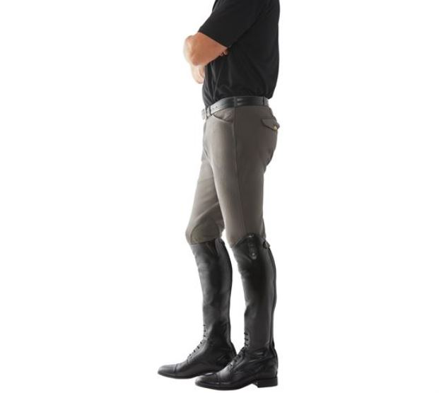 Man wearing TuffRider Men's Patrol Riding Breeches in charcoal.