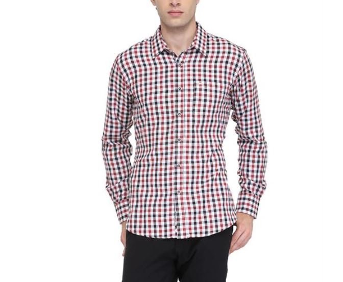 Man wearing the checkered Men's Brooks Relaxed Fit Shirt from Jump USA.