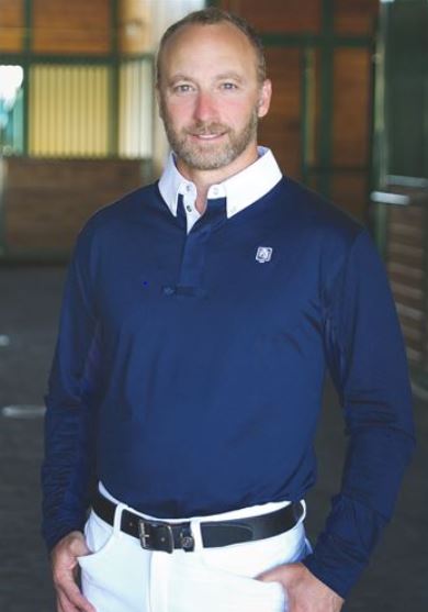 Man wearing navy blue and white Romfh Polo Long Sleeve Show Shirt.