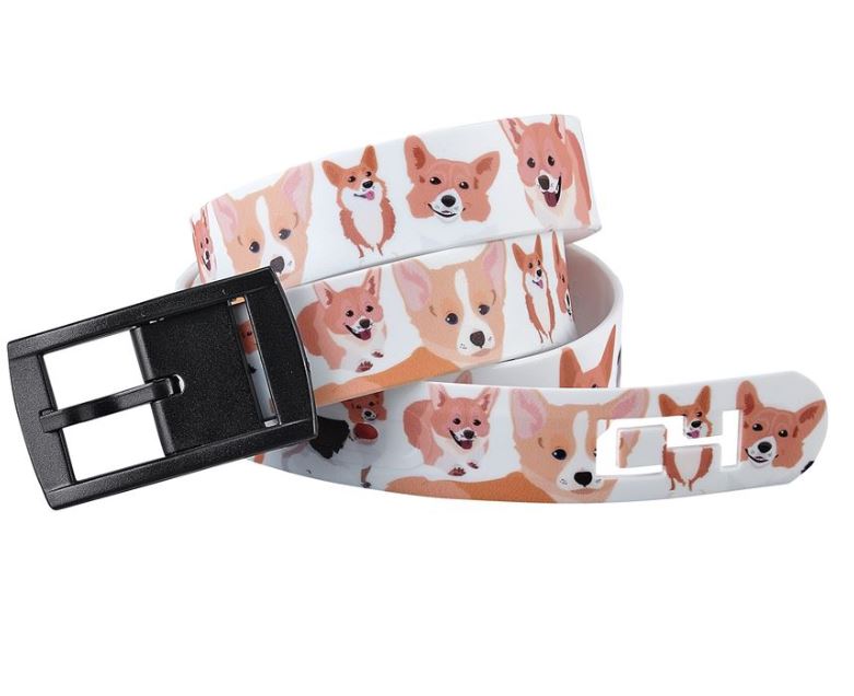 C4 Skinny Belt with black buckle and white and tan corgi design on it.