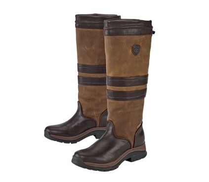 A pair of tall Ariat Braemar GTX Boots with dark brown toes and stripes over tan leather.