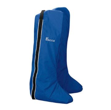 Blue English double boot bag with black vertical stripe on the side and monogram near the top that reads "Becca" in white script.