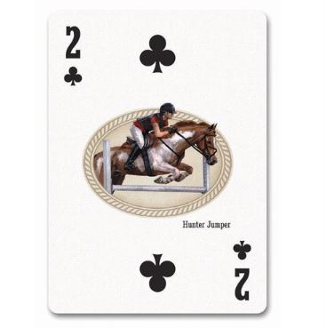 Two of clubs playing card with illustration of a horse and rider jumping.
