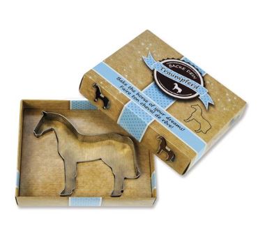 Silver horse-shaped "Horse of Your Dreams" Cookie Cutter by Kelley and Company in tan box as a holiday gift.