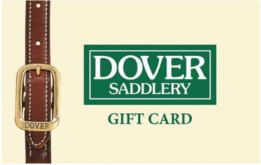 Dover Saddlery holiday Gift Card banner with yellow background, green logo, and leather strap design.