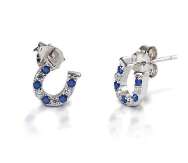 Horseshoe shaped sterling silver stud earrings with blue and clear cubic zirconia stones that make a perfect holiday gift.