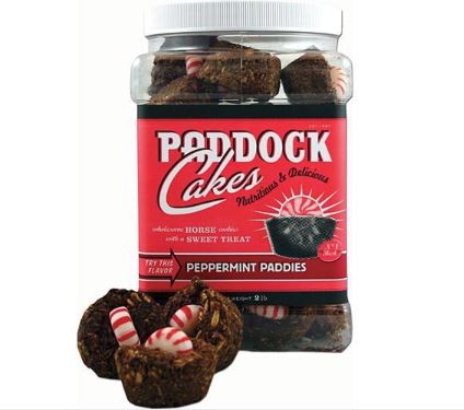 Plastic 2 lb container with red holiday themed Paddock Cakes label filled with Peppermint Paddies Horse Treats as a gift for your barn.