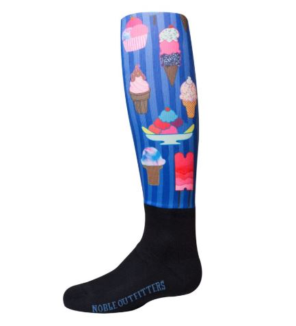 Ladies' Noble Equestrian Over the Calf Peddies with blue striped background and colorful ice cream cone pattern.