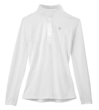 White Ariat SunStopper Show Shirt that offers optimal airflow to help keep you cool while riding this summer.
