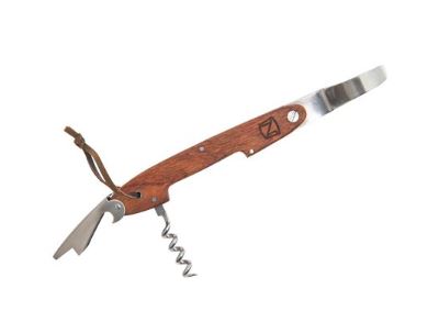 A wooden hoof pick with steel pick on one end and open wine opener on the other end against white background.