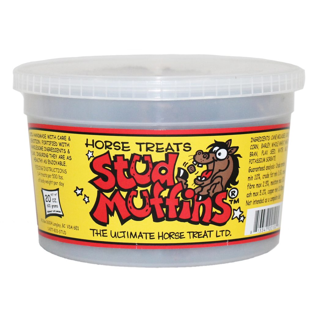 Tub of Stud Muffins horse treats with yellow label and red print.