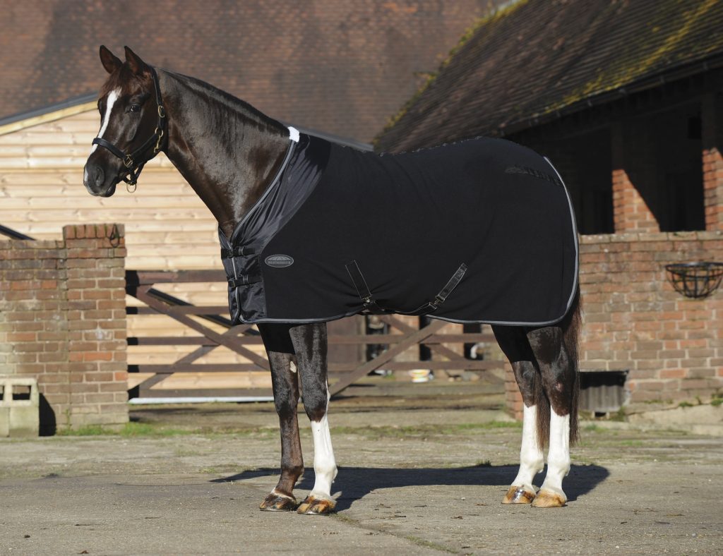 A dark bay horse is standing in front of a barn wearing a black fleece cooler.