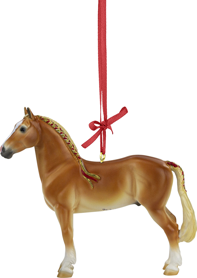A Breyer Christmas Ornament is shown. A brown horse facing to the left is hanging from a red ribbon.