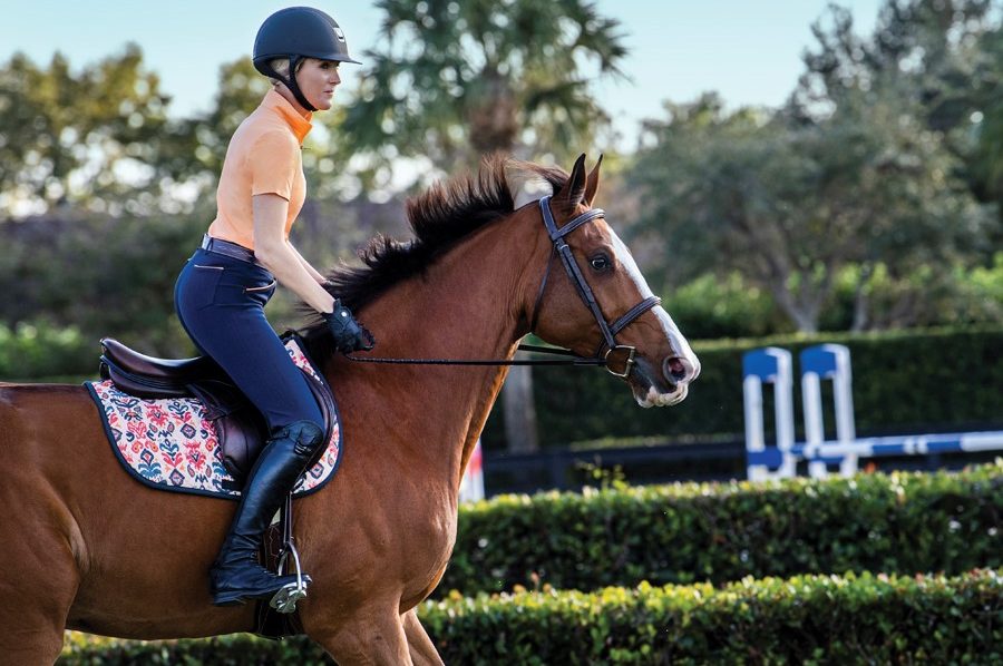 A woman is riding a brown horse with a sunny background. The horse and rider are facing right. The rider is wearing a black helmet, an orange shirt with blue pants. The horse is wearing a brown bridle with a brown saddle and a multi-color saddle pad.