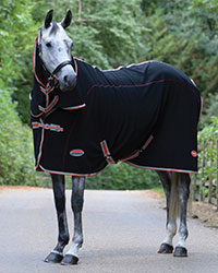 A dapple grey horse is shown standing on a paved road against a background of green trees. The horse is wearing a WeatherBeeta Therapy-Tec Combo Neck Sheet that covers it's body and neck. The sheet is black with red and white trim.