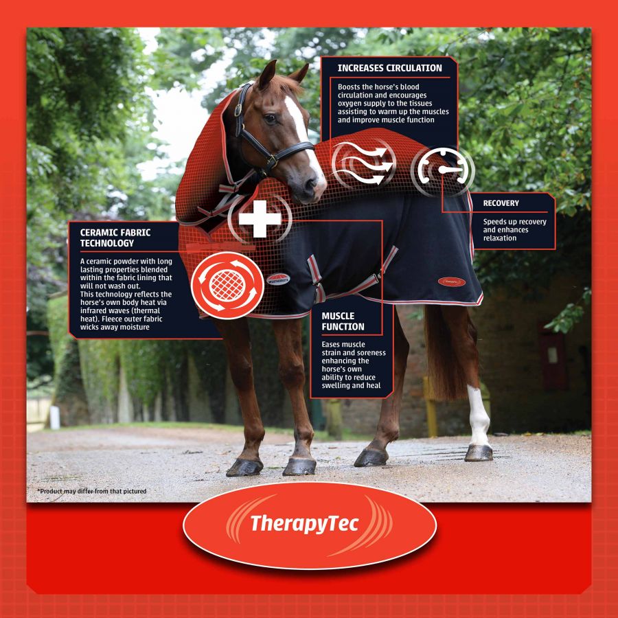 A brown horse with a white stripe on it's face is shown wearing a WeatherBeeta Therapy-Tec Sheet. The sheet is black with red and white trim, it also covers the horse's neck. There are four key features pointed out on the sheet:

Ceramic Fabric Technology: A ceramic powder with long lasting properties blended within the fabric lining that will not wash out. This technology reflects the horse's own body heat via infrared waves (thermal heat). Fleece outer fabric wicks away moisture.

Increases Circulation:
Boosts the horse's blood circulation and encourages oxygen supply to the tissues assisting to warm up the muscles and improve muscle function.

Muscle Function:
Eases muscle strain and soreness enhancing the horse's own ability to reduce swelling and heat.

Recovery:
Speeds up recovery and enhances relaxation.