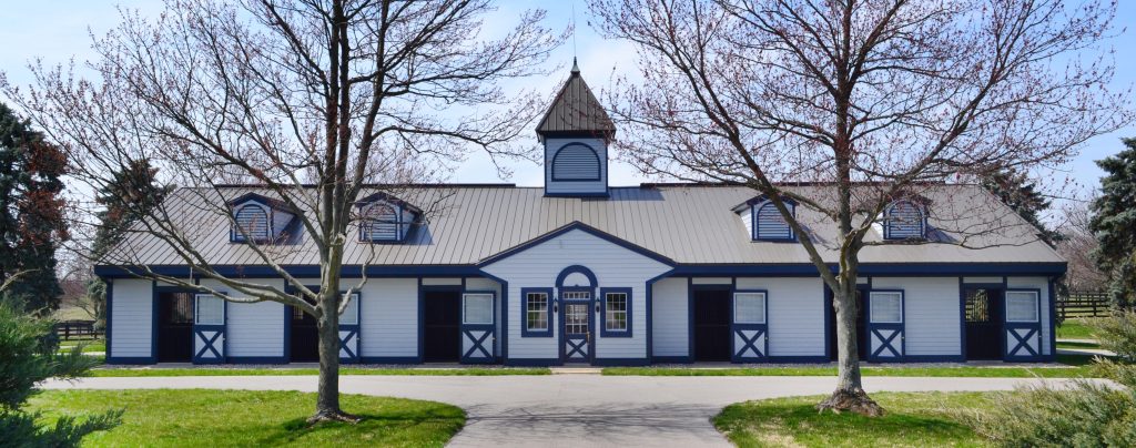 A white horse barn with royal blue trim. There is a driveway lined with trees leading up to the barn with a front door. There are three stall doors each on either side of the front door that are open.