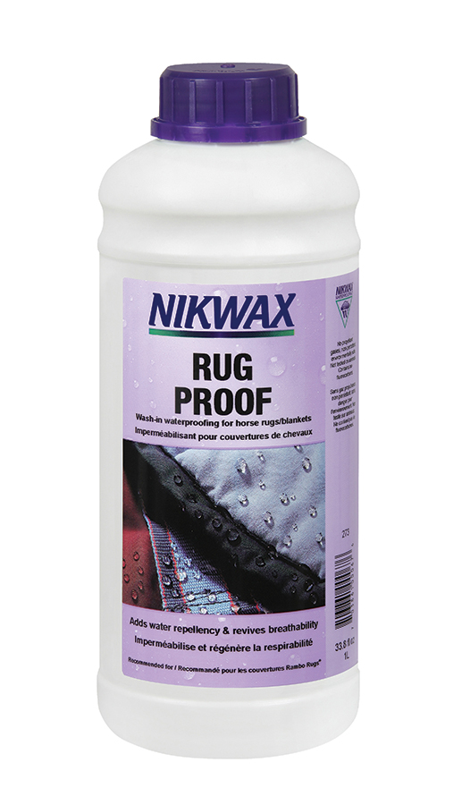 A white bottle of Nikwax Rug Proof with a purple top and label.