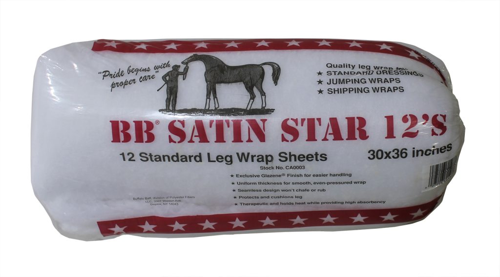 A plastic bag is shown filled with white cotton sheets. The packaging says BB Satin Star 12's in large red font. There is also a black silhouette of a person petting a horse above the letters.