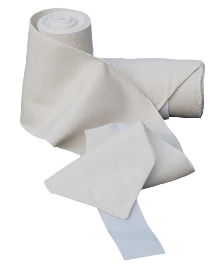 Two rolls of white standing wraps are shown against a white background. The wraps are made of fleece and have white Velro at the ends.