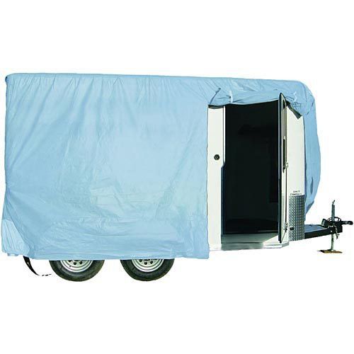 A white trailer is covered with a light blue trailer cover. The side door to the trailer is open and the trailer cover is rolled up to allow access. 