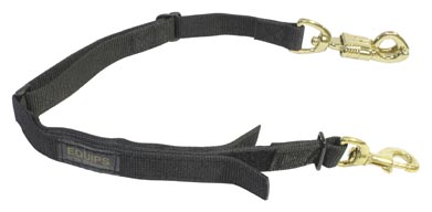A black trailer tie made of nylon and Velcro with gold colored fasteners at either end