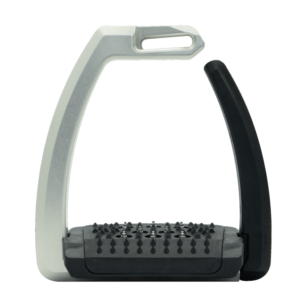 The Herm Sprenger Aero Stirrup. The left side of the stirrup is silver and the right is a black quick release bar that is not connected at the top. The foot tread is black and spiked.