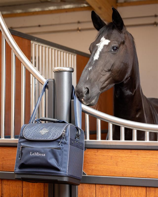 A black horse with a white stripe on its face is standing in its stall. There is a dark blue LeMieux branded grooming tote hanging on the pole of the stall.