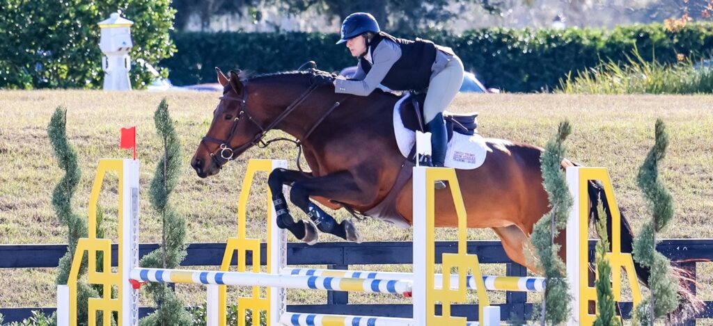 A rider and horse are jumping over a large yellow and white oxer jump. They are riding in an outdoor arena with a grassy field behind them.