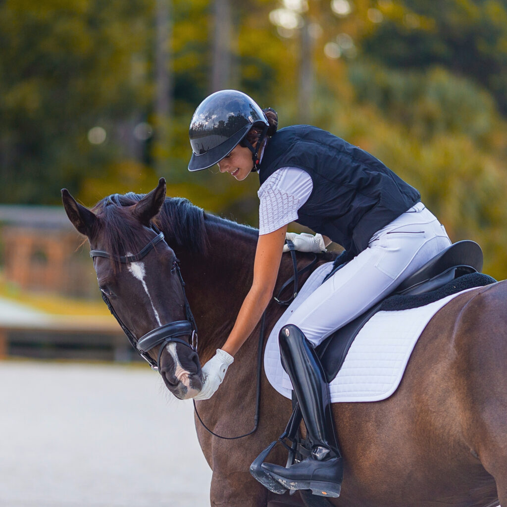 A woman is sitting in on a horse in a dressage saddle. She is wearing a black vest on top of a short sleeve white shirt, white breeches, black tall boots, and a black helmet. Her horse is brown and wearing a black dressage bridle and saddle. The horse's face and neck are twisted around towards the woman's outstretched hand. The pair are standing outside in an arena.
