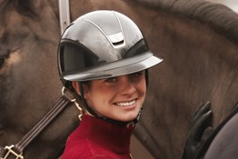 Rider smiling next to a horse wearing the Samshield Miss Shield 2.0 Shadow Glossy Helmet, the best gift for your rider